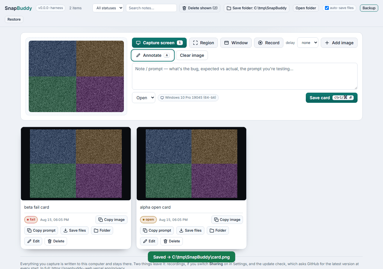 The SnapBuddy desktop board in light theme with the teal accent: an image staged in the composer with Annotate armed, two saved cards below, and the toast naming the path the file was written to.
