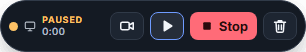 The recording pill, paused: an amber dot, a timer reading a paused take, and buttons for the webcam, resume, Stop and Discard.