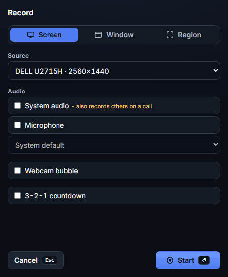 The SnapBuddy pre-record picker: a source list above separate System audio and Microphone toggles, a microphone device select, a webcam bubble toggle and a 3-2-1 countdown toggle.