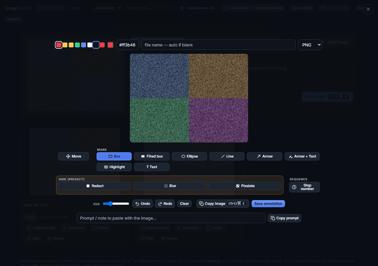 The SnapBuddy annotation editor open over an image in dark theme: the toolbar grouped into Mark, an outlined privacy band holding Redact, Blur and Pixelate, and Sequence.